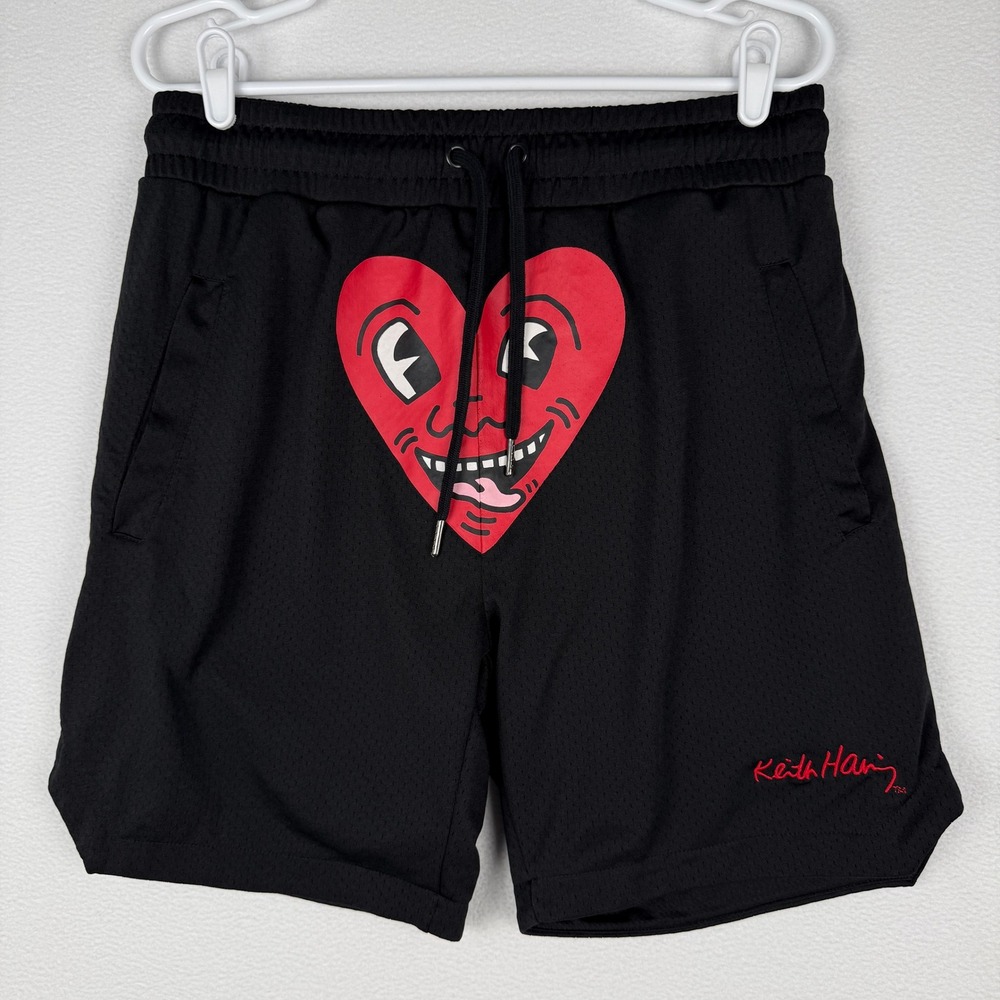Keith Haring Shoe Palace Mens L Black Mesh Basketball Shorts Heart Graphic